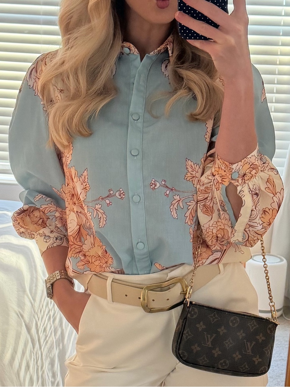 Blue Floral Button-Up Blouse